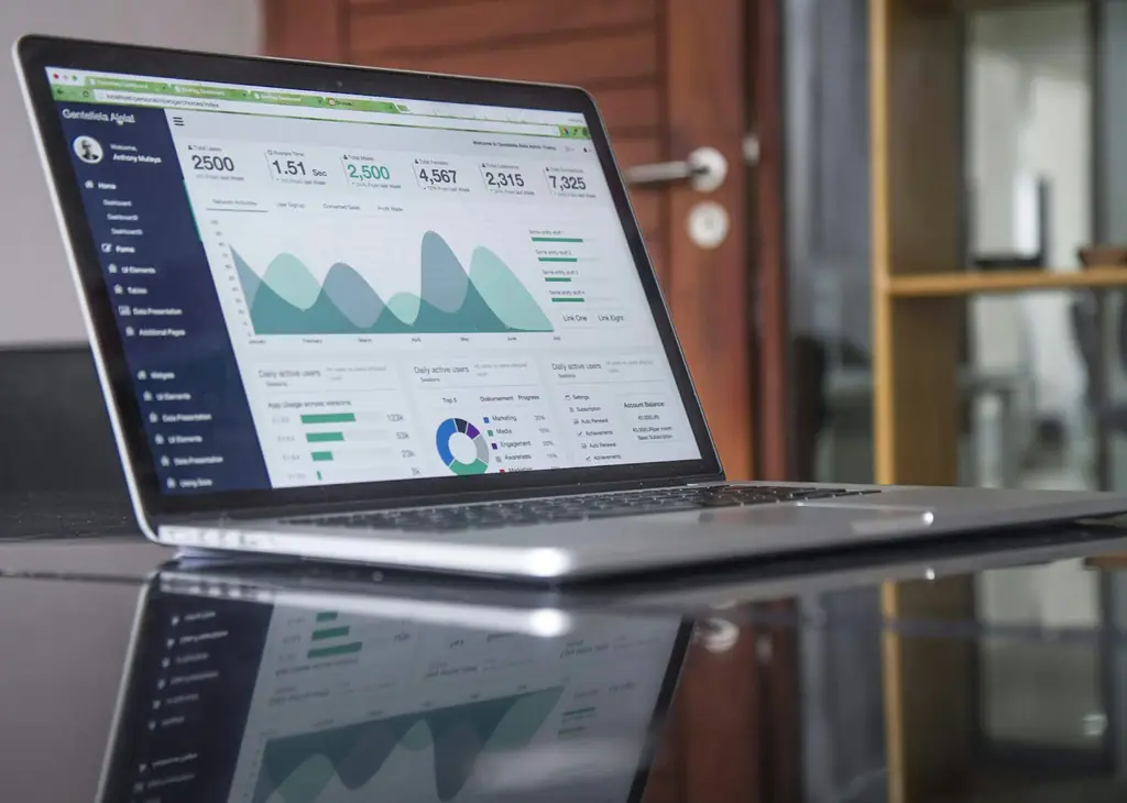 A laptop displaying a marketing analytics dashboard on a reflective desk